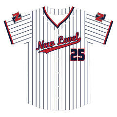 Custom New Level Baseball Button Down Jersey - White with Navy Pinstripes